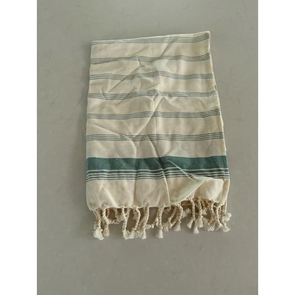 TerraKlay‎ Home Sage Green Cream Striped Cotton Hand Towel Set Fringe India